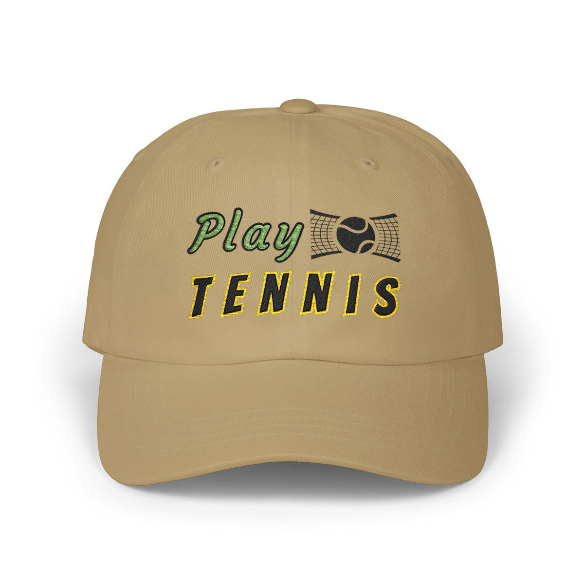 Khaki embroidered classic dad cap hat with a Play Tennis text and graphic Front view