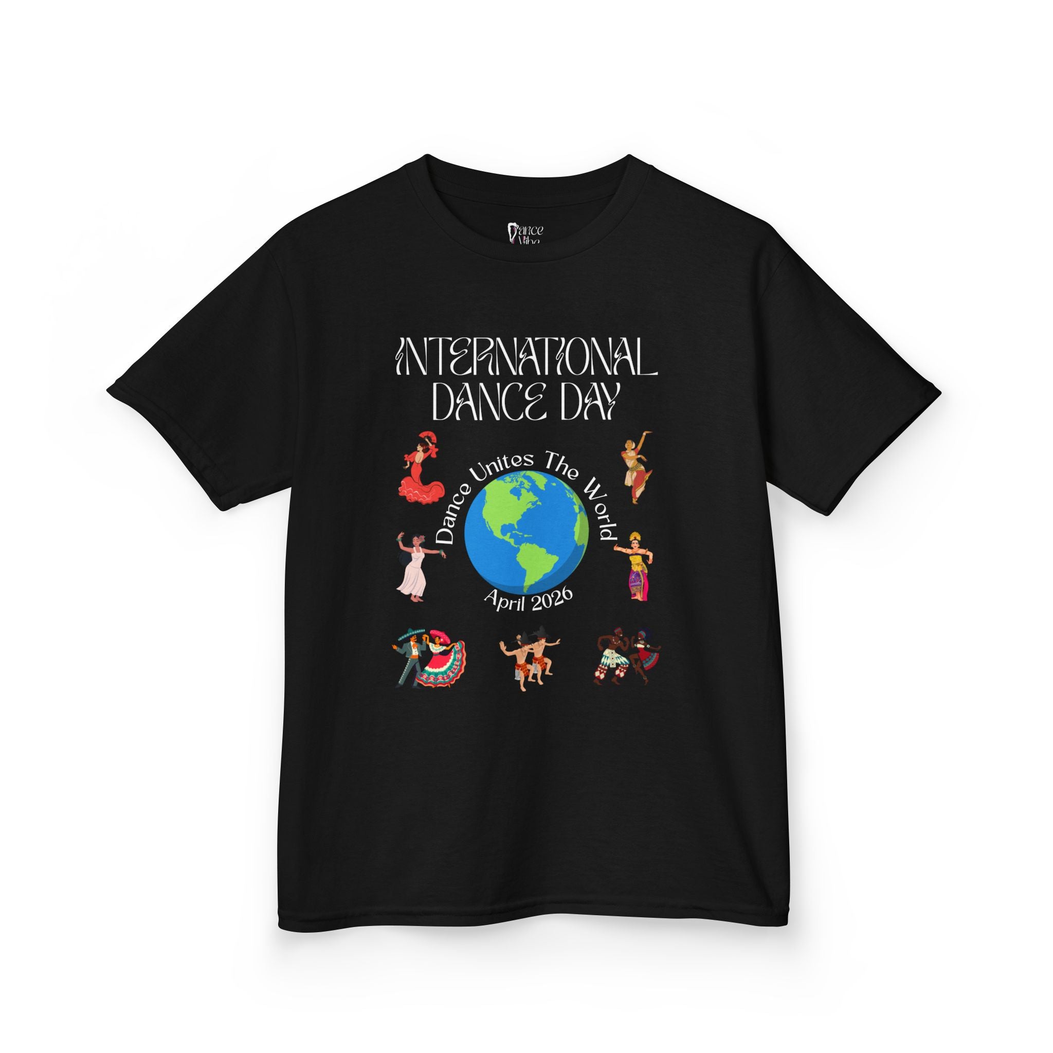 Front view of a youth Gildan 5000B heavy cotton t-shirt in black with an International Dance Day theme 