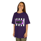 A young girl wearing a purple Beetlejuice inspired Sister Halloween shirt.