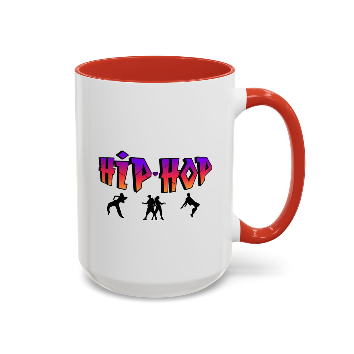 15oz white ceramic Hip Hop Dance mug with red handle and interior Right handed view