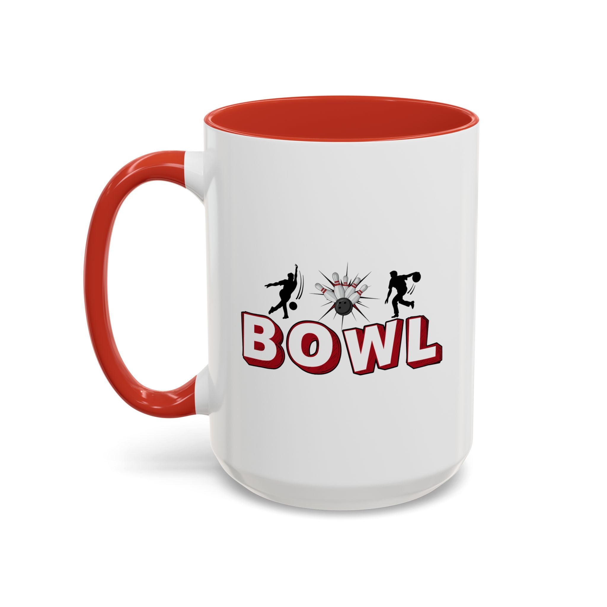 15oz white ceramic Bowling mug with red handle and interior Left handed view