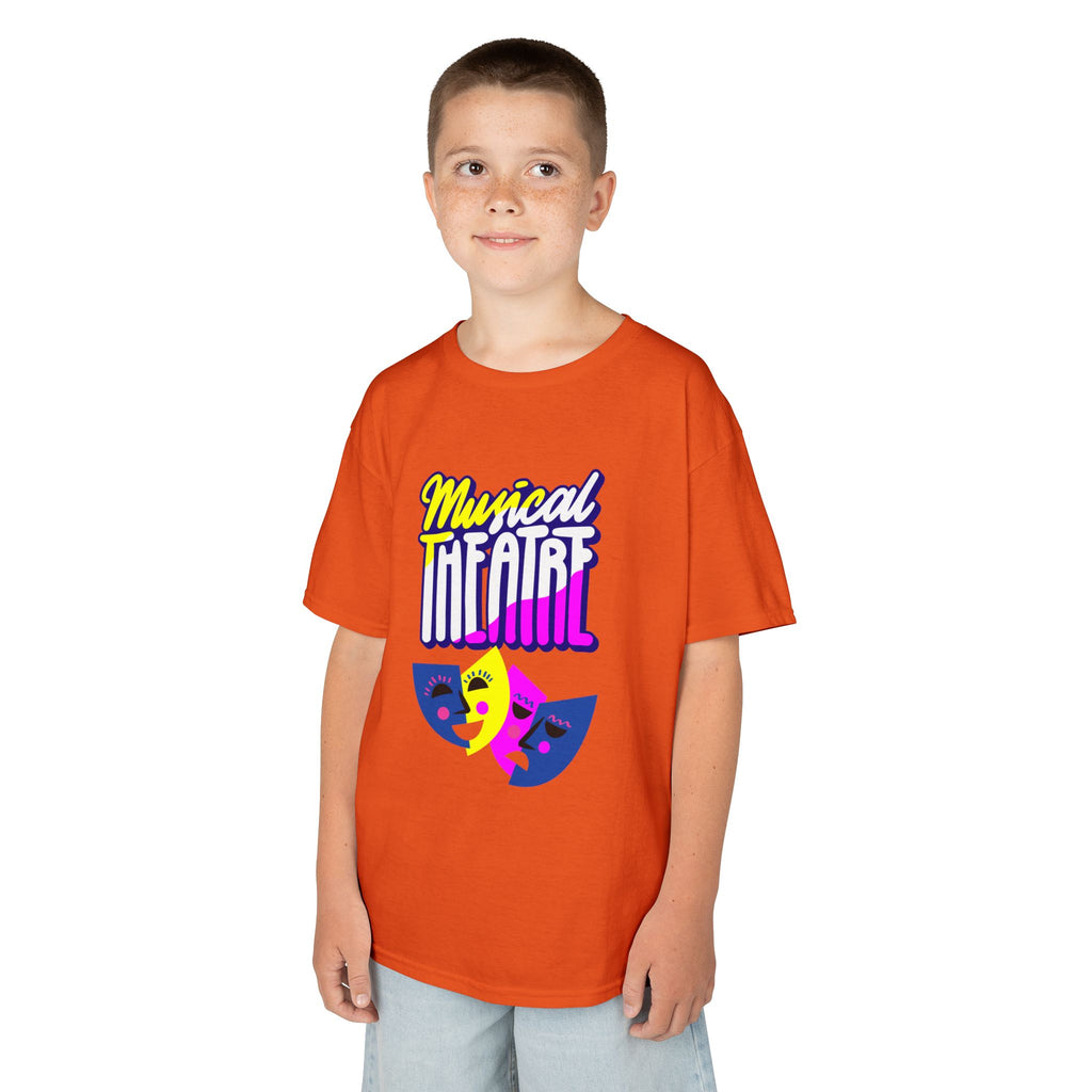 Young boy wearing a youth Gildan 5000B heavy cotton t-shirt in orange with a Musical Theater rainbow mask graphic