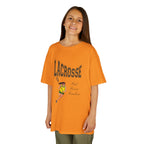 Front view of a youth Gildan 5000B heavy cotton t-shirt in tennessee orange with a Girls Lacrosse theme