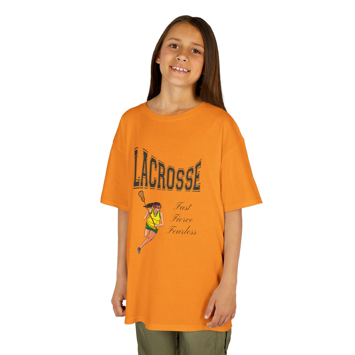 Front view of a youth Gildan 5000B heavy cotton t-shirt in tennessee orange with a Girls Lacrosse theme
