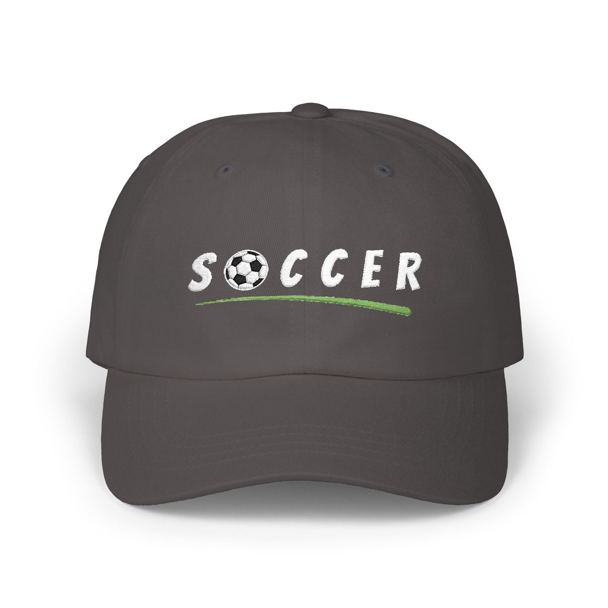 Dark grey cap with an embroidered Soccer text and soccer ball.