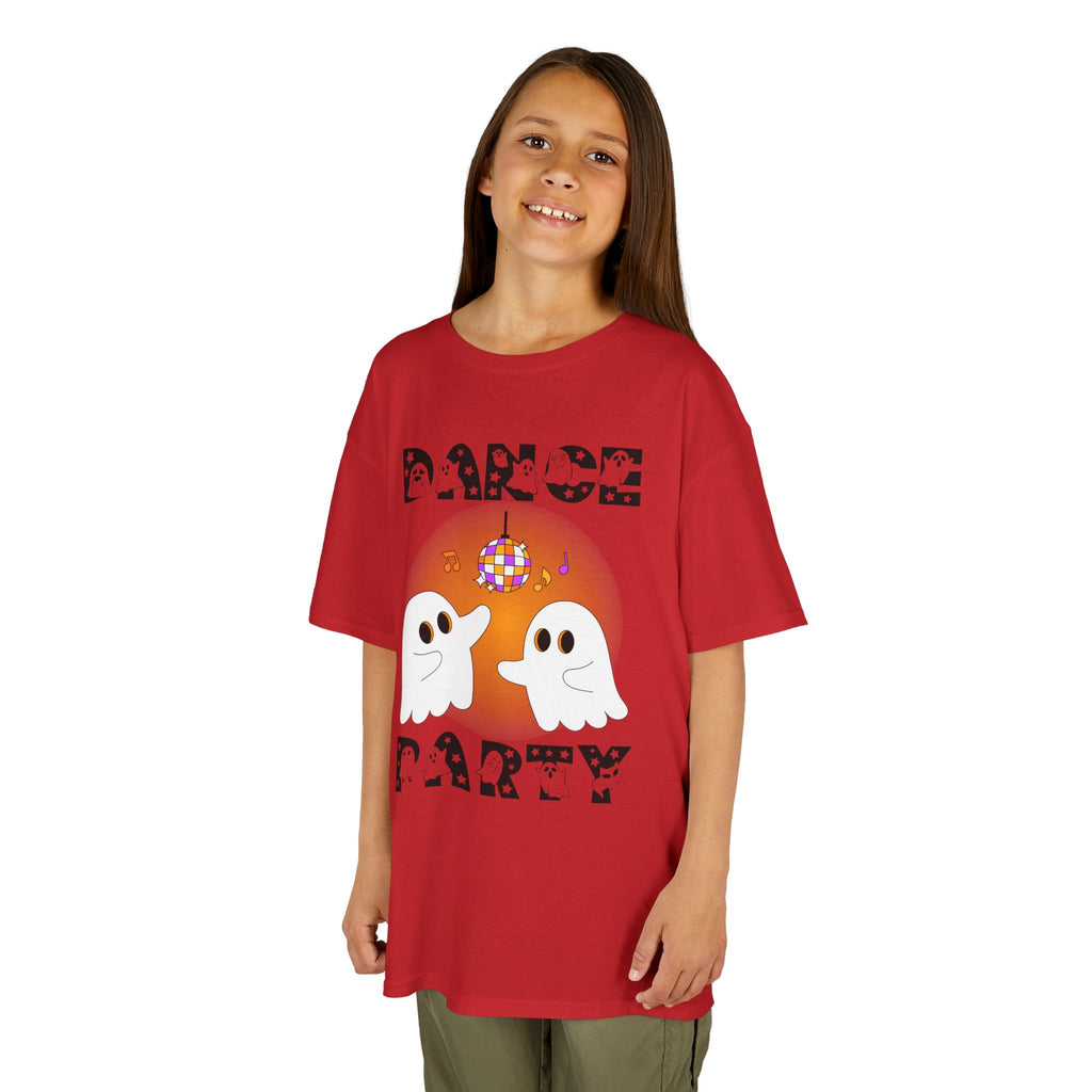 Young girl wearing a youth Gildan 5000B heavy cotton t-shirt in red with a Halloween Dance Party theme