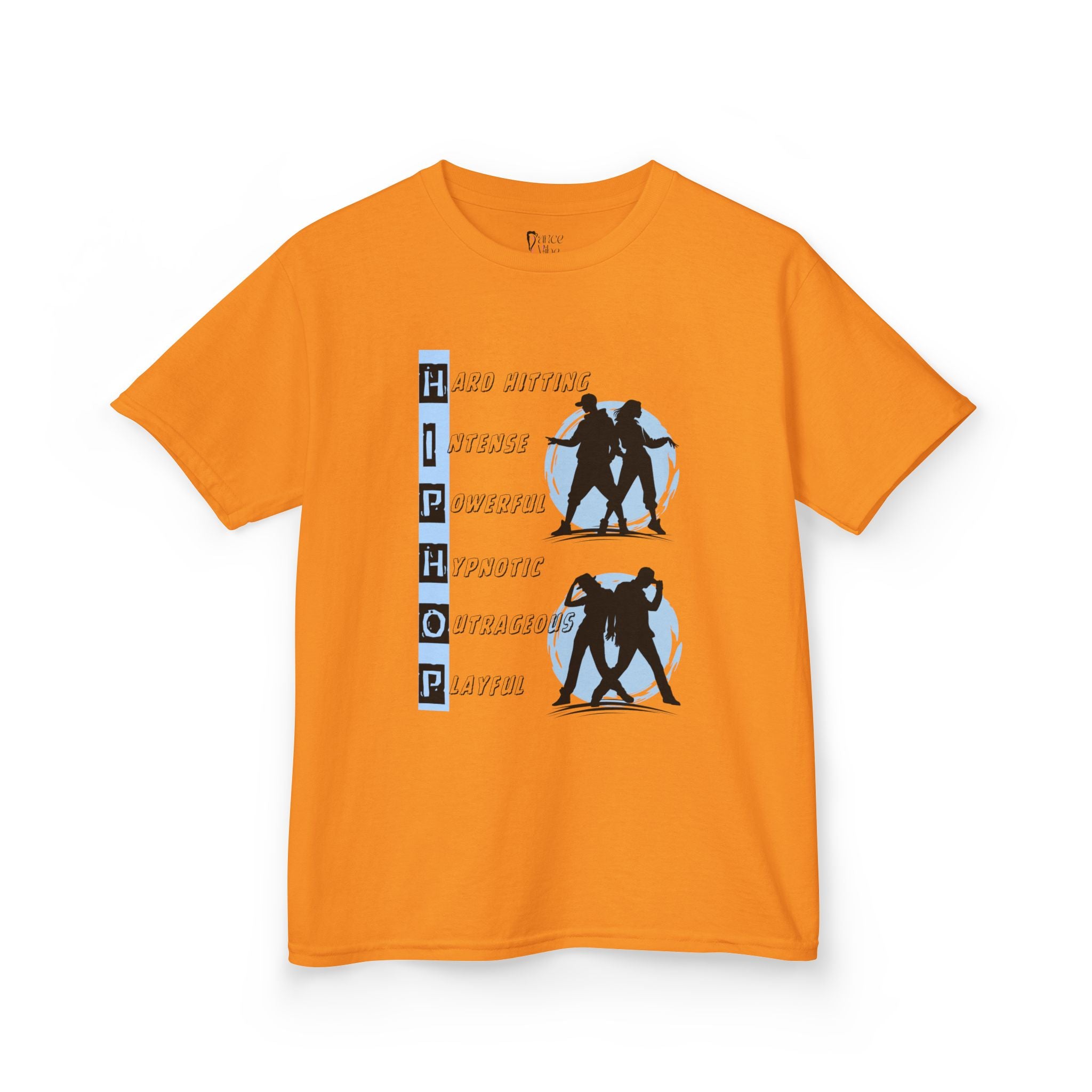 Front view of a youth Gildan 5000B heavy cotton t-shirt in tennessee orange with dancing Hip Hop Couples