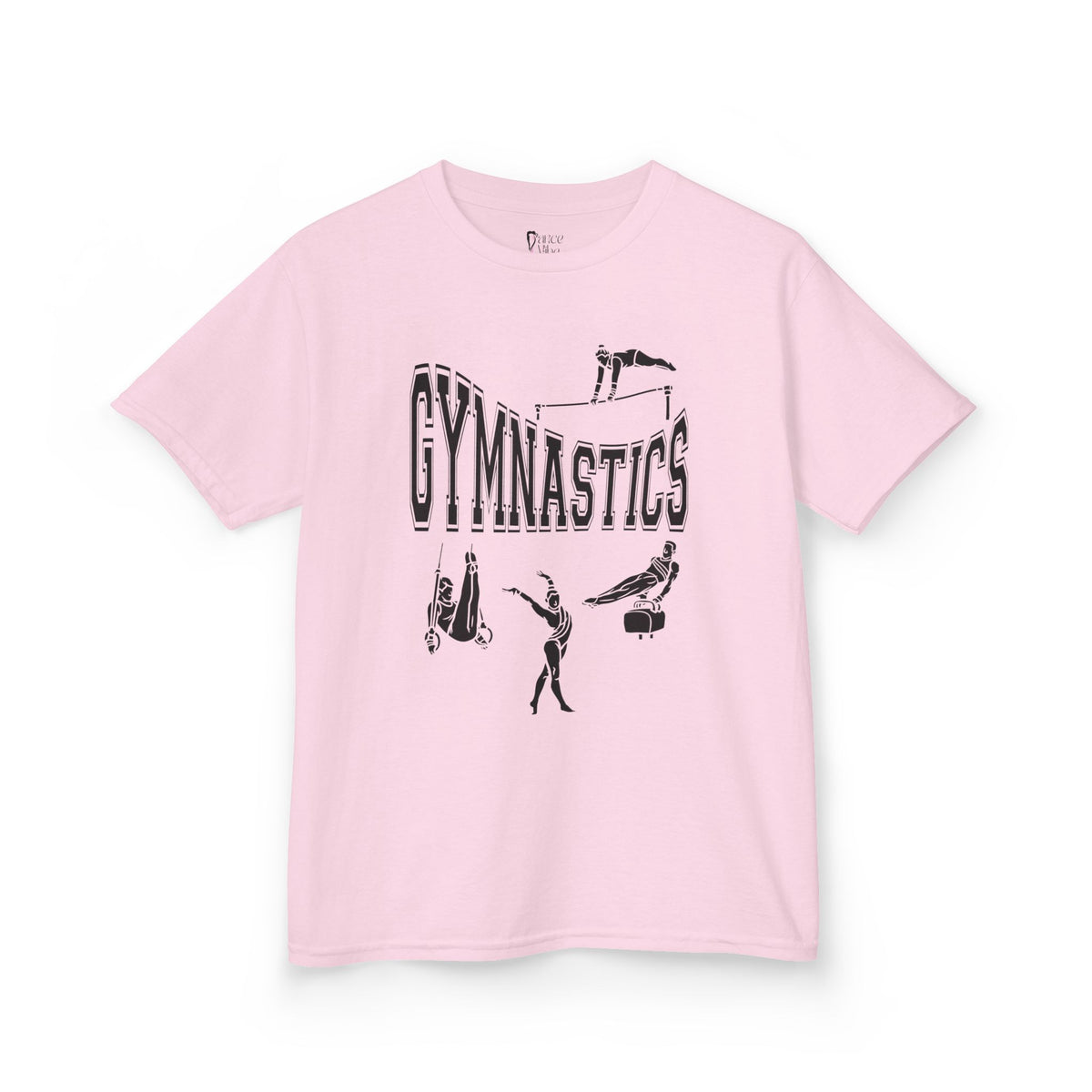 Front view of a youth Gildan 5000B heavy cotton t-shirt in light pink with a gymnastics text and graphic