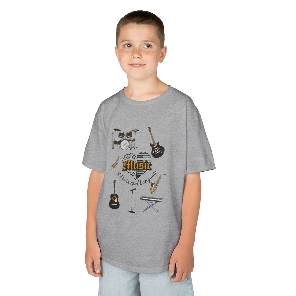Young boy wearing a youth Gildan 5000B heavy cotton t-shirt in sport grey with a Music A Universal Language theme
