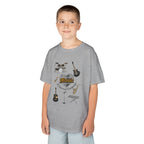 Young boy wearing a youth Gildan 5000B heavy cotton t-shirt in sport grey with a Music A Universal Language theme