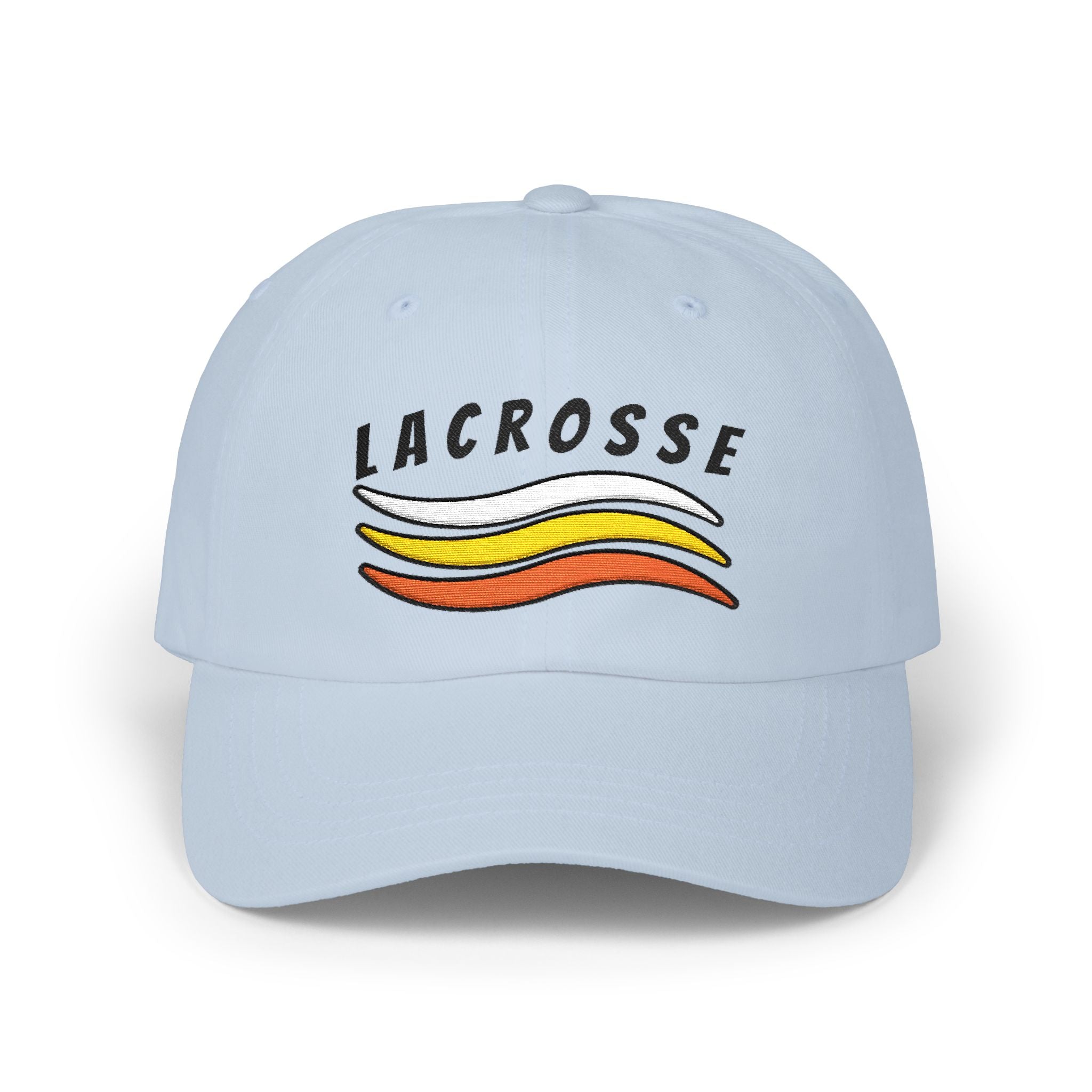 Light blue embroidered classic dad cap hat with a Lacrosse text and graphic Front view