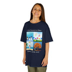 Young girl wearing a youth Gildan 5000B heavy cotton t-shirt in navy with an A New Season to Shine Dance 2026-2027 theme