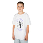 Front view of a youth Gildan 5000B heavy cotton t-shirt in white with a Don't Worry Be Tappy Tap theme