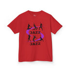 Front view of a youth Gildan 5000B heavy cotton t-shirt in red  with a Jazz Dance text and graphic