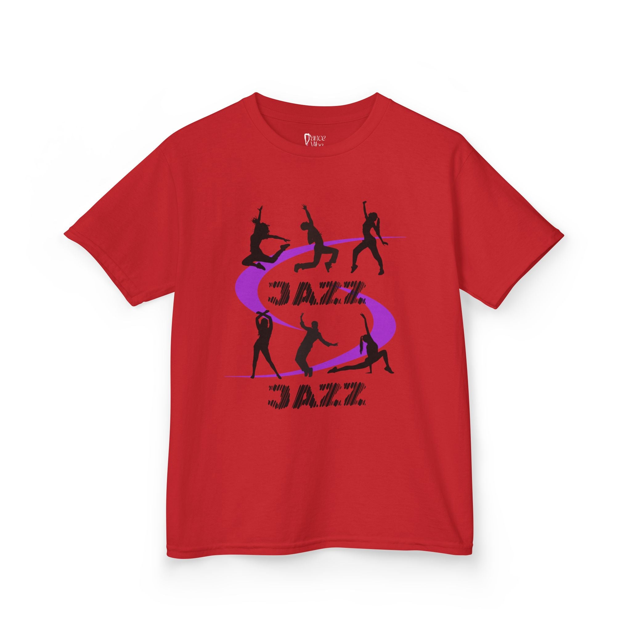 Front view of a youth Gildan 5000B heavy cotton t-shirt in red  with a Jazz Dance text and graphic