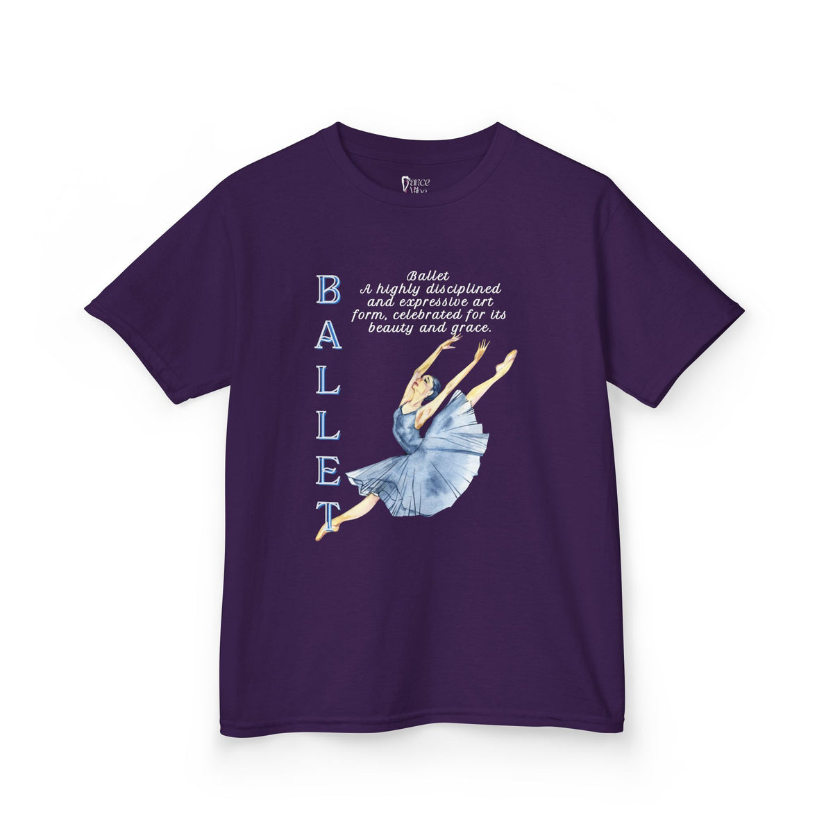 Front view of a youth Gildan 5000B heavy cotton t-shirt in purple with a Ballet text and graphic