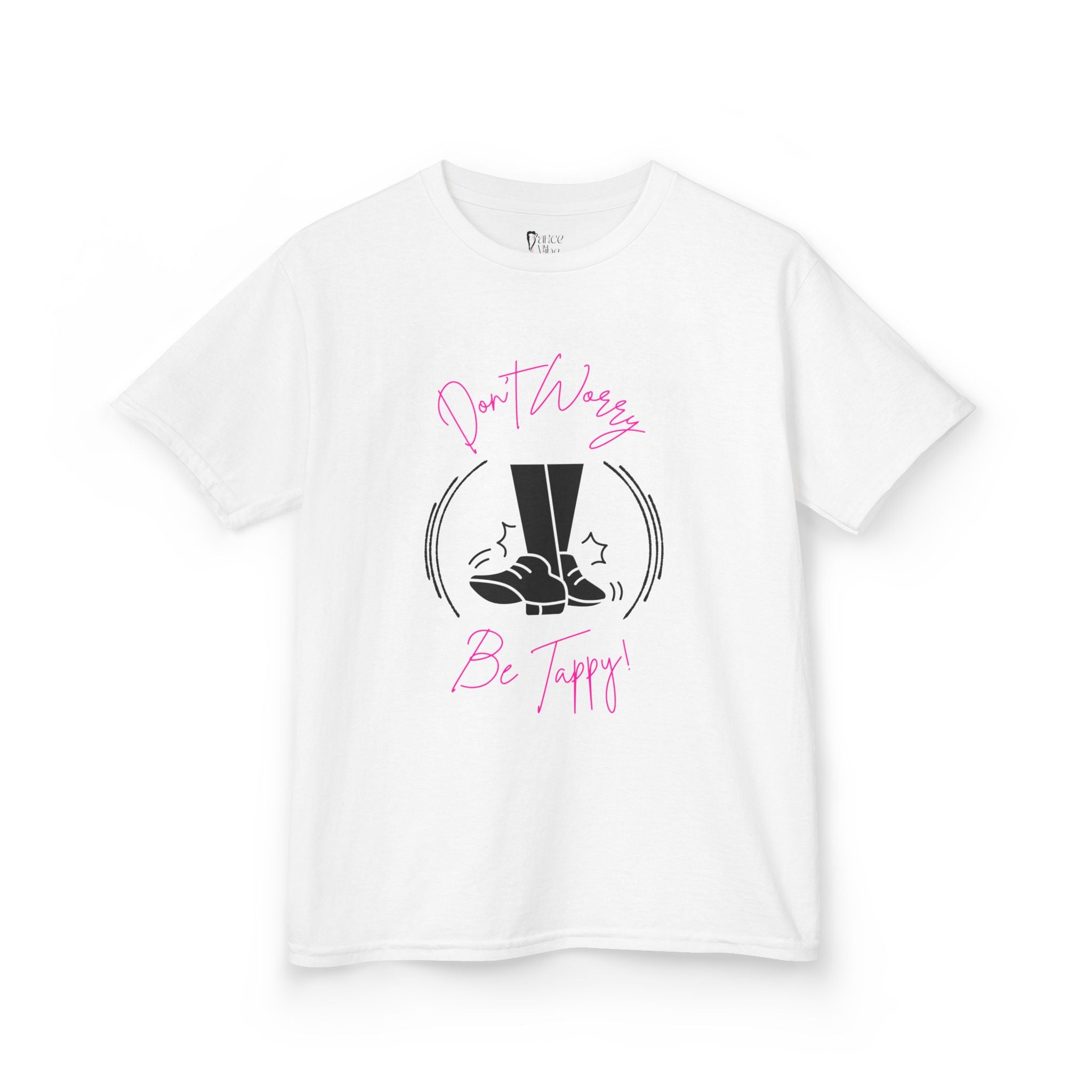 Front view of a youth Gildan 5000B heavy cotton t-shirt in white with a Don't Worry Be Tappy Tap Shoe design
