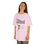 Young girl wearing a youth Gildan 5000B heavy cotton t-shirt in light pink with a Girls Lacrosse theme
