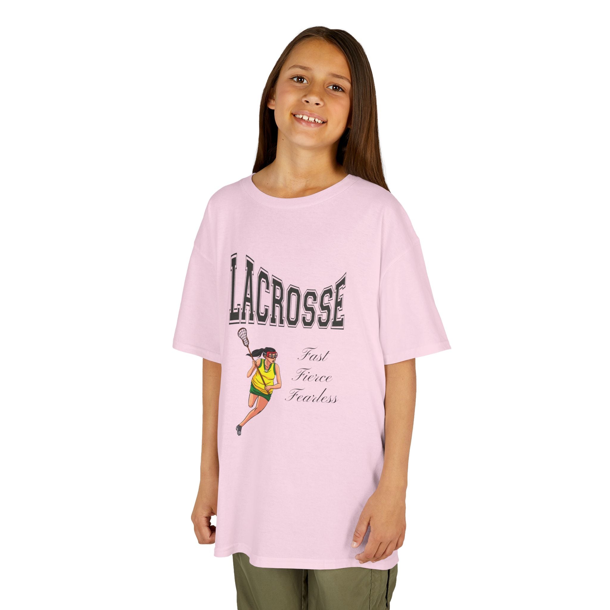 Young girl wearing a youth Gildan 5000B heavy cotton t-shirt in light pink with a Girls Lacrosse theme
