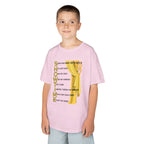 Young boy wearing a youth Gildan 5000B heavy cotton t-shirt in light pink with a Showtime text and graphic 