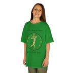 Young girl wearing a youth Gildan 5000B heavy cotton t-shirt in irish green with a Female Broadway Dancer 2026-2027 design