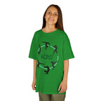 Young girl wearing a youth Gildan 5000B heavy cotton t-shirt in irish green with an Acro Gymnastics theme