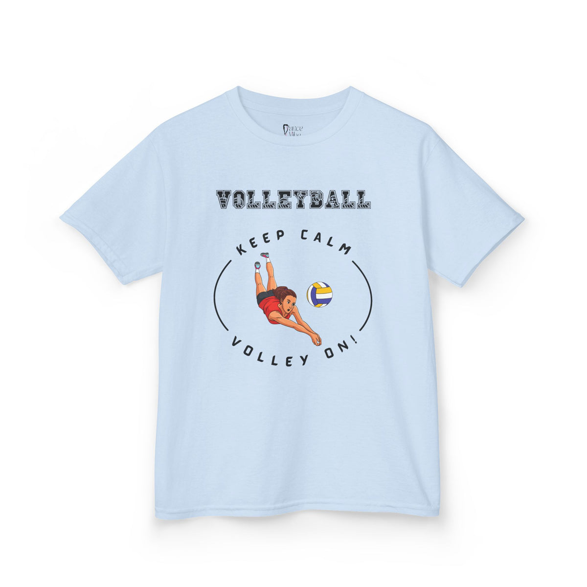 Front view of a youth Gildan 5000B heavy cotton t-shirt in light blue showing a girl playing Volleyball
