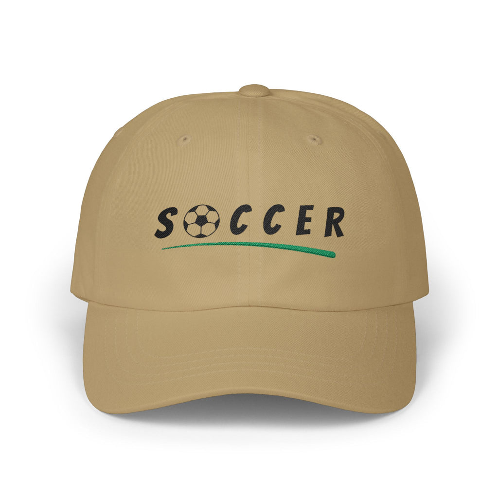 Khaki embroidered classic dad cap hat with Soccer text and graphic Front view