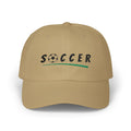 Khaki embroidered classic dad cap hat with Soccer text and graphic Front view