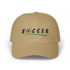 Khaki embroidered classic dad cap hat with Soccer text and graphic Front view