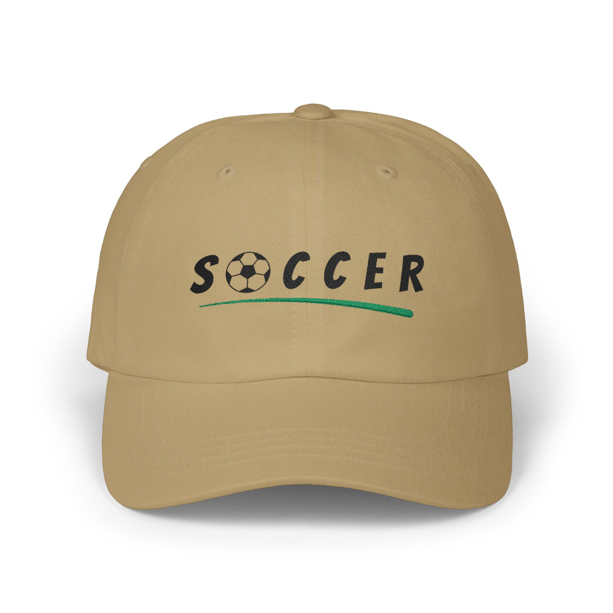 Khaki embroidered classic dad cap hat with Soccer text and graphic Front view