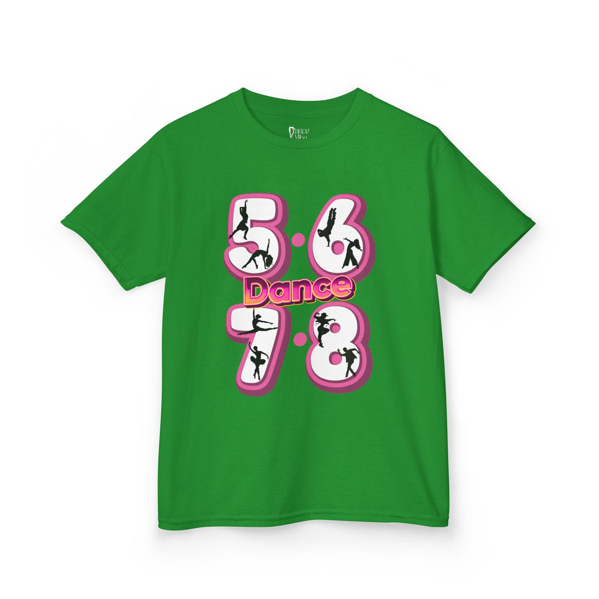 Front view of a youth Gildan 5000B heavy cotton t-shirt in irish green with a 5678 Dance text and graphic