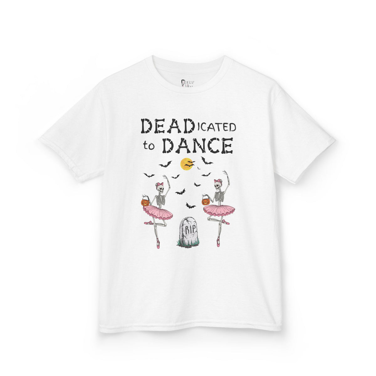 Front view of a youth Gildan 5000B heavy cotton t-shirt in white with a Deadicated to Dance Halloween theme