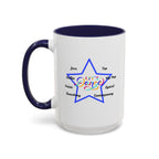 15oz white ceramic Let's Dance mug with navy handle and interior Left handed view