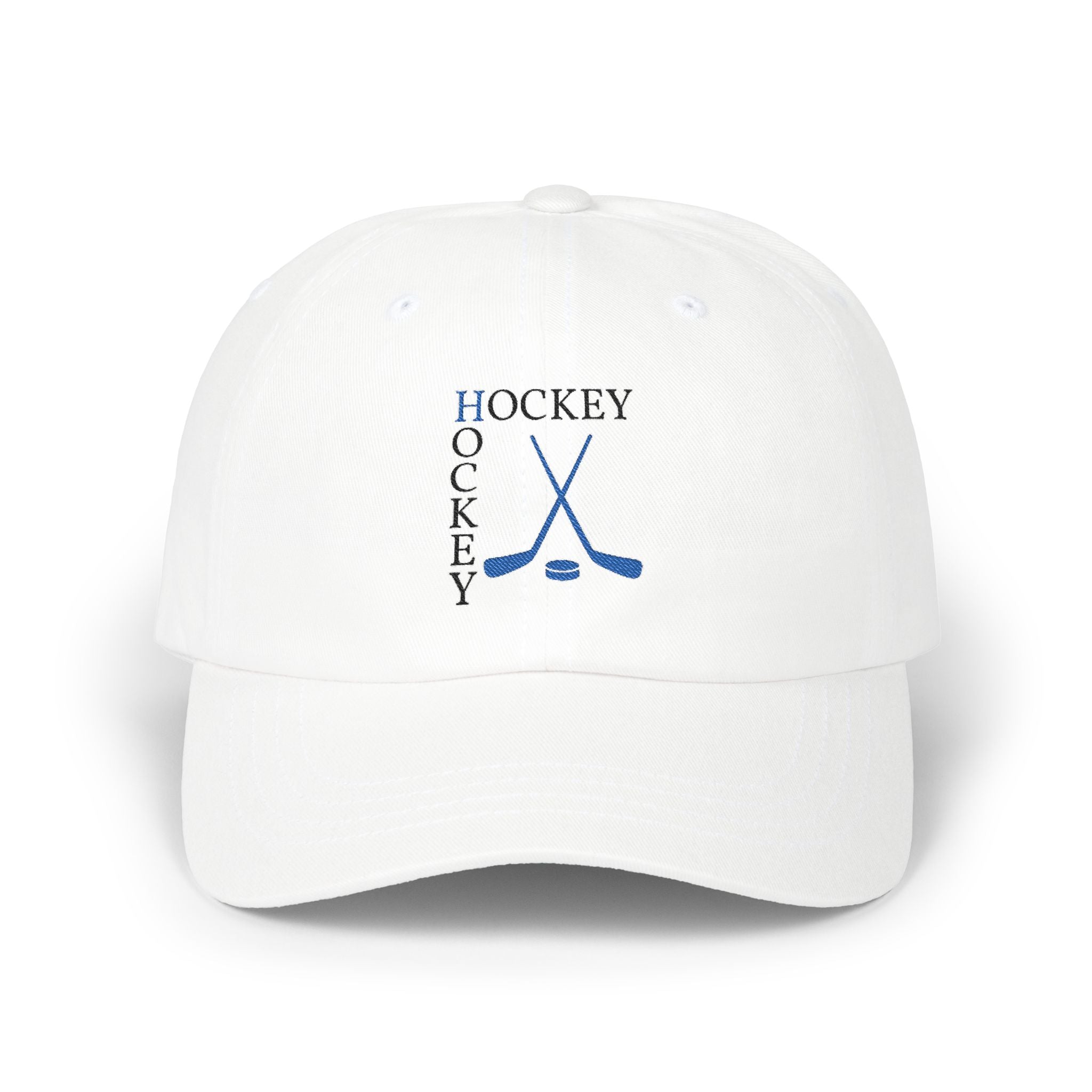 White embroidered classic dad cap hat with a Hockey text and graphic Front view