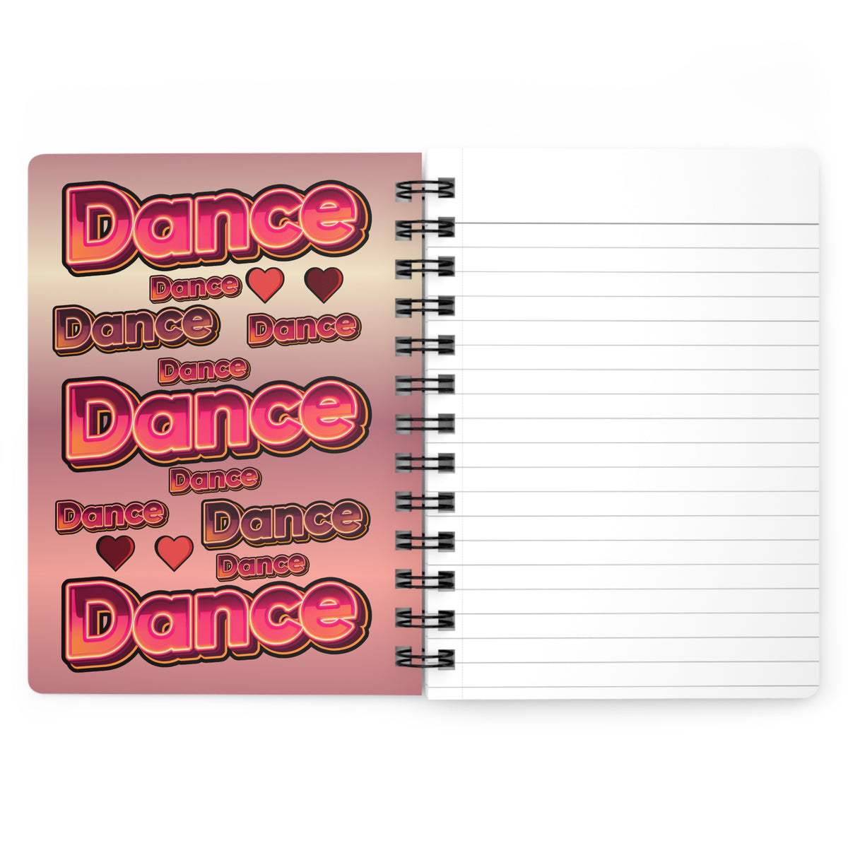 A spiral-bound notebook with a pink and red inside cover featuring the word 'Dance' repeated in a bold retro font, shown open with lined white pages. 