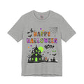 A heather grey t-shirt with a colorful Happy Halloween text and haunted house design.