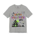 A heather grey t-shirt with a colorful Happy Halloween text and haunted house design.