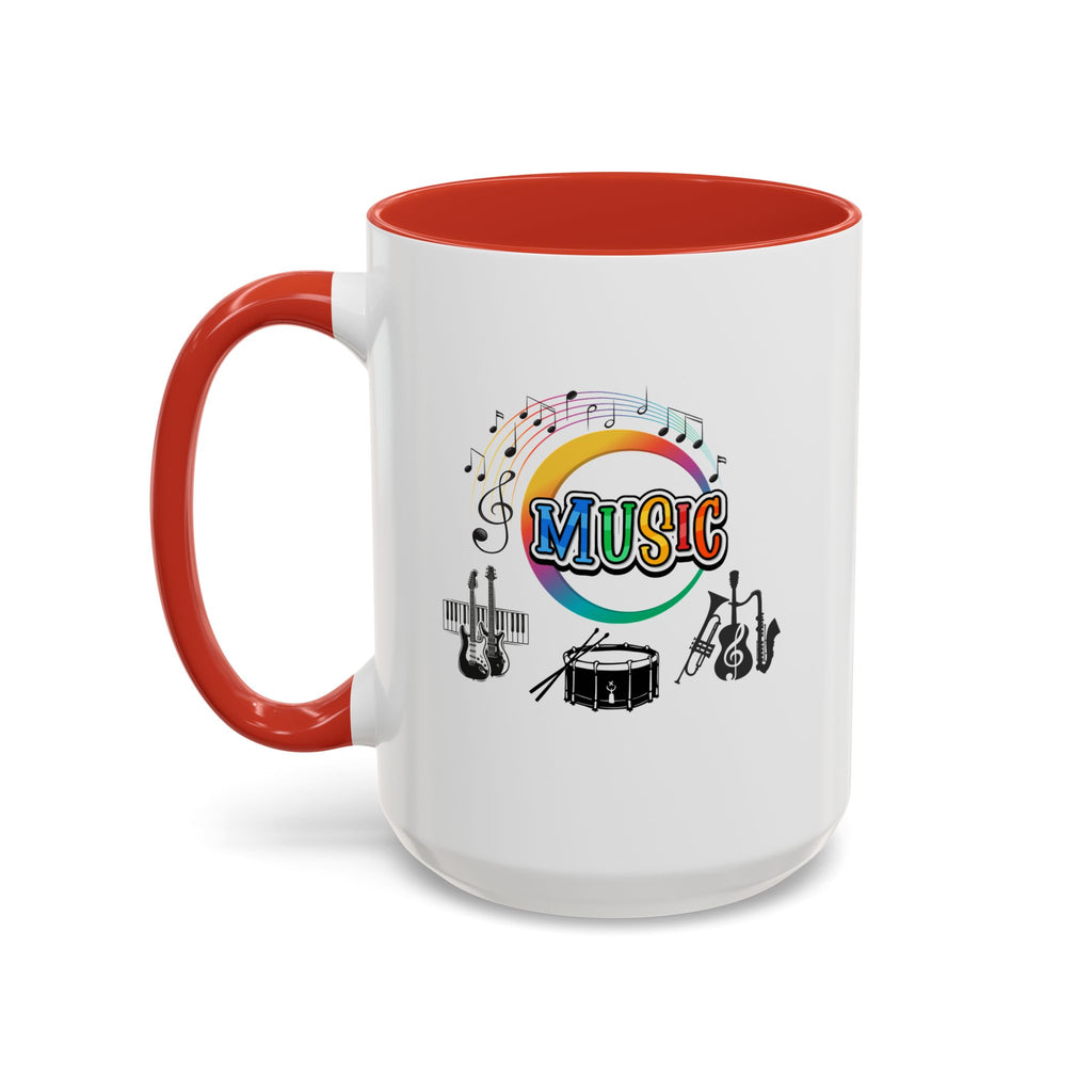 15oz white ceramic Music Instrument mug with red handle and interior Left handed view