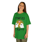 Young girl wearing a youth Gildan 5000B heavy cotton t-shirt in irish green with a Halloween Dance Party theme