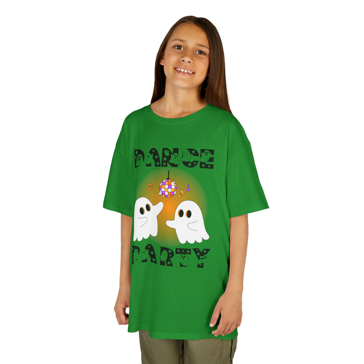 Young girl wearing a youth Gildan 5000B heavy cotton t-shirt in irish green with a Halloween Dance Party theme