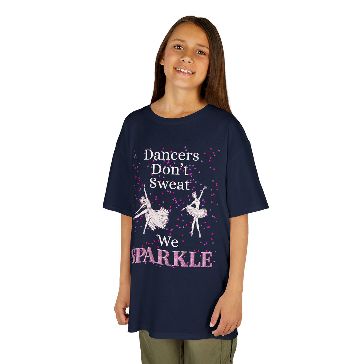 Young girl wearing a youth Gildan 5000B heavy cotton t-shirt in navy Sparkle text and graphic