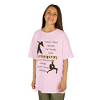 Young girl wearing a youth Gildan 5000B heavy cotton t-shirt in light pink featuring Contemporary Dancers with text
