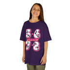 Young girl wearing a Gildan 5000B heavy cotton t-shirt in purple with a 5678 Dance text and graphic