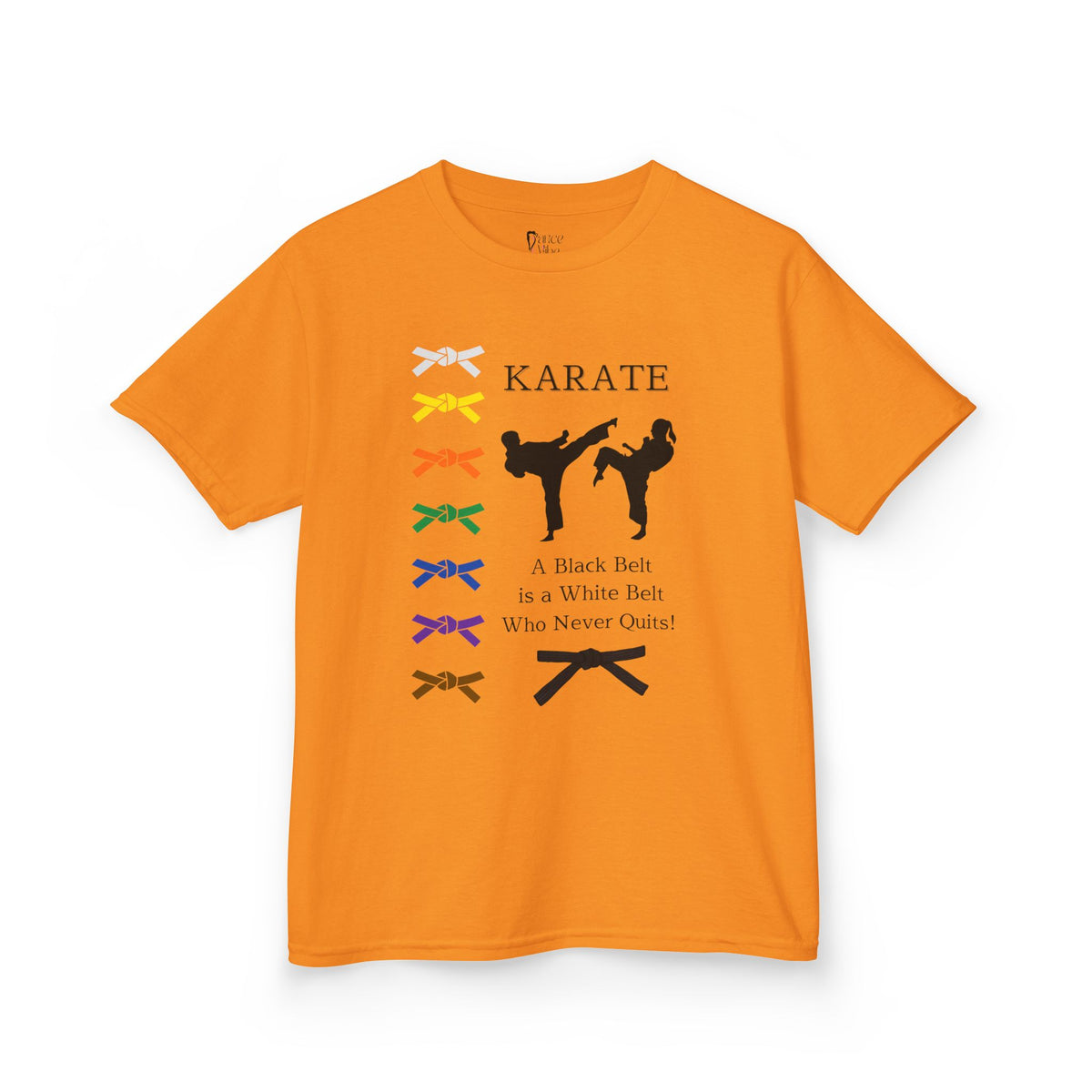 Front view of a youth Gildan 5000B heavy cotton t-shirt in tennessee orange with a Karate text and graphic