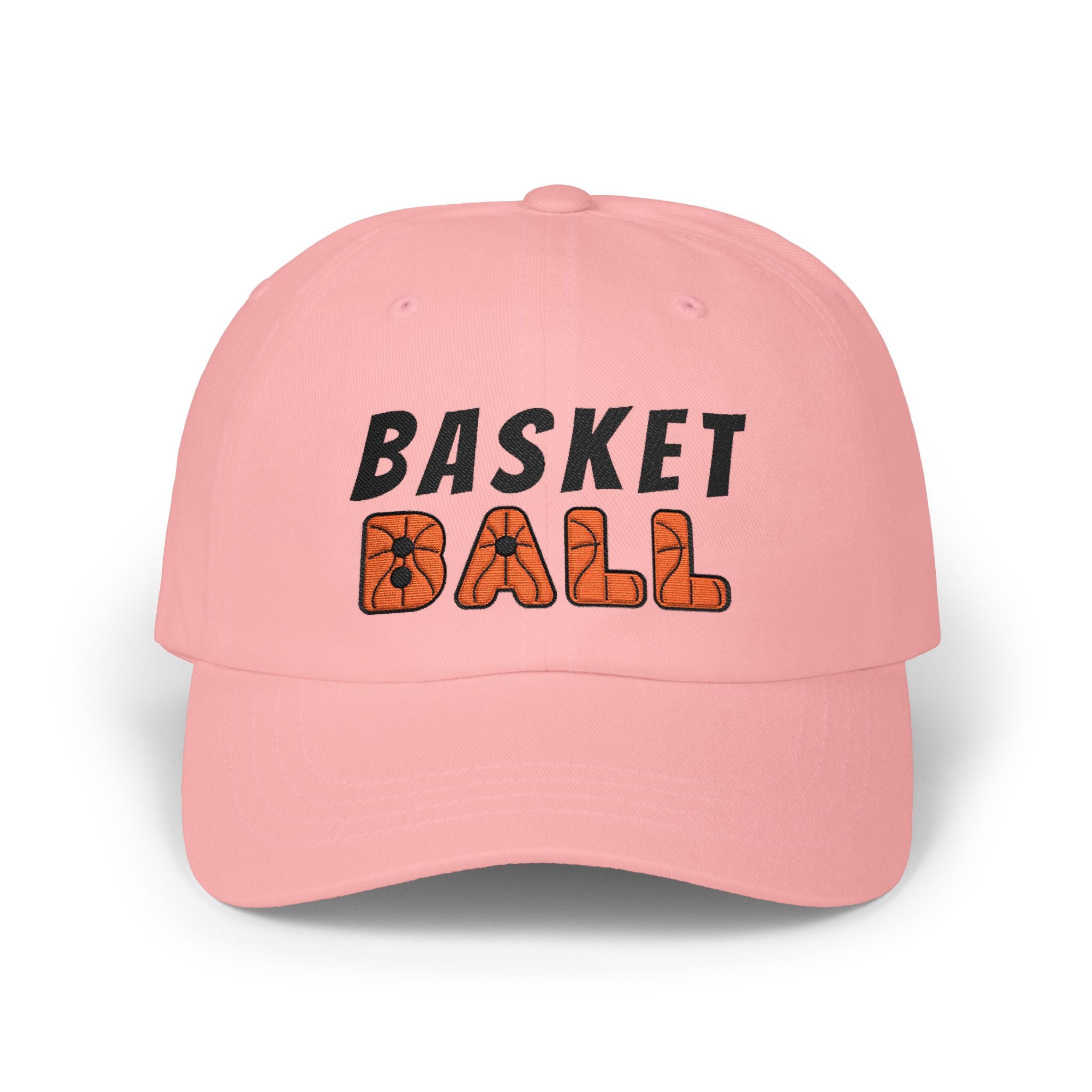 Pink embroidered classic dad cap hat with Basketball text and graphic Front view