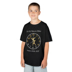 Young boy wearing a youth Gildan 5000B heavy cotton t-shirt in black with a Ballet Couple 2026-2027 design