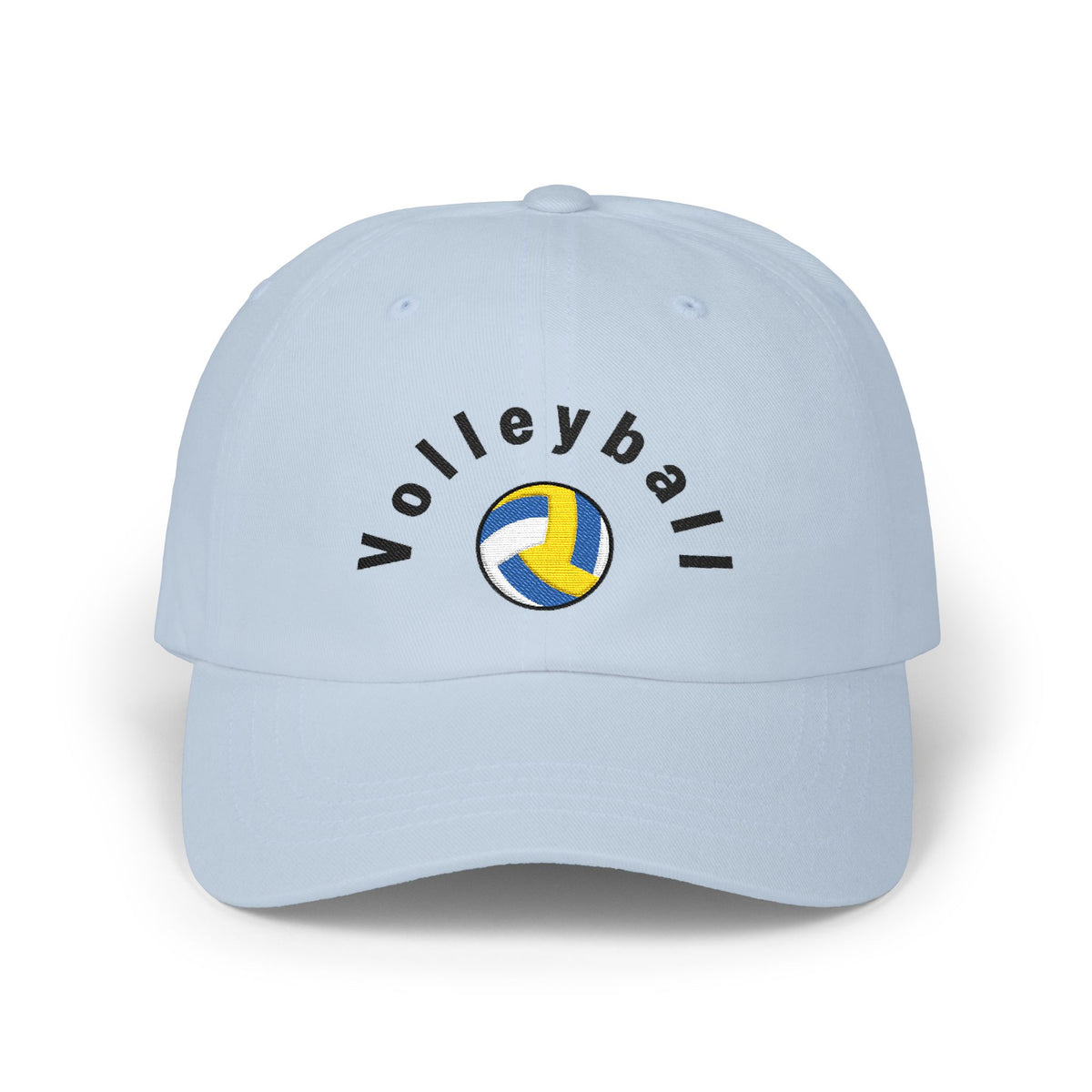 Light blue embroidered classic dad cap hat with a Volleyball text and graphic Front view