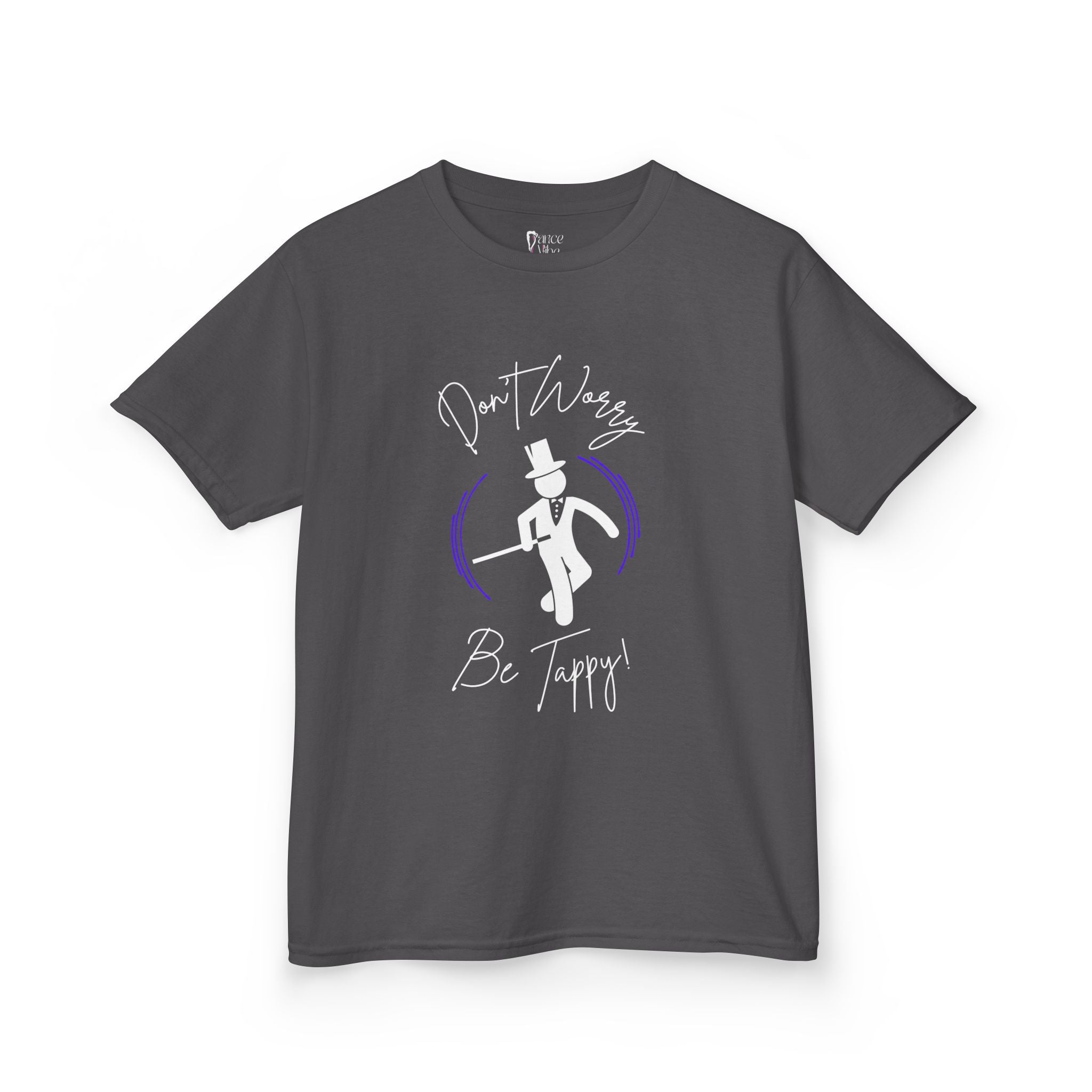 Front view of a youth Gildan 5000B heavy cotton t-shirt in charcoal with a Don't Worry Be Tappy Tap theme