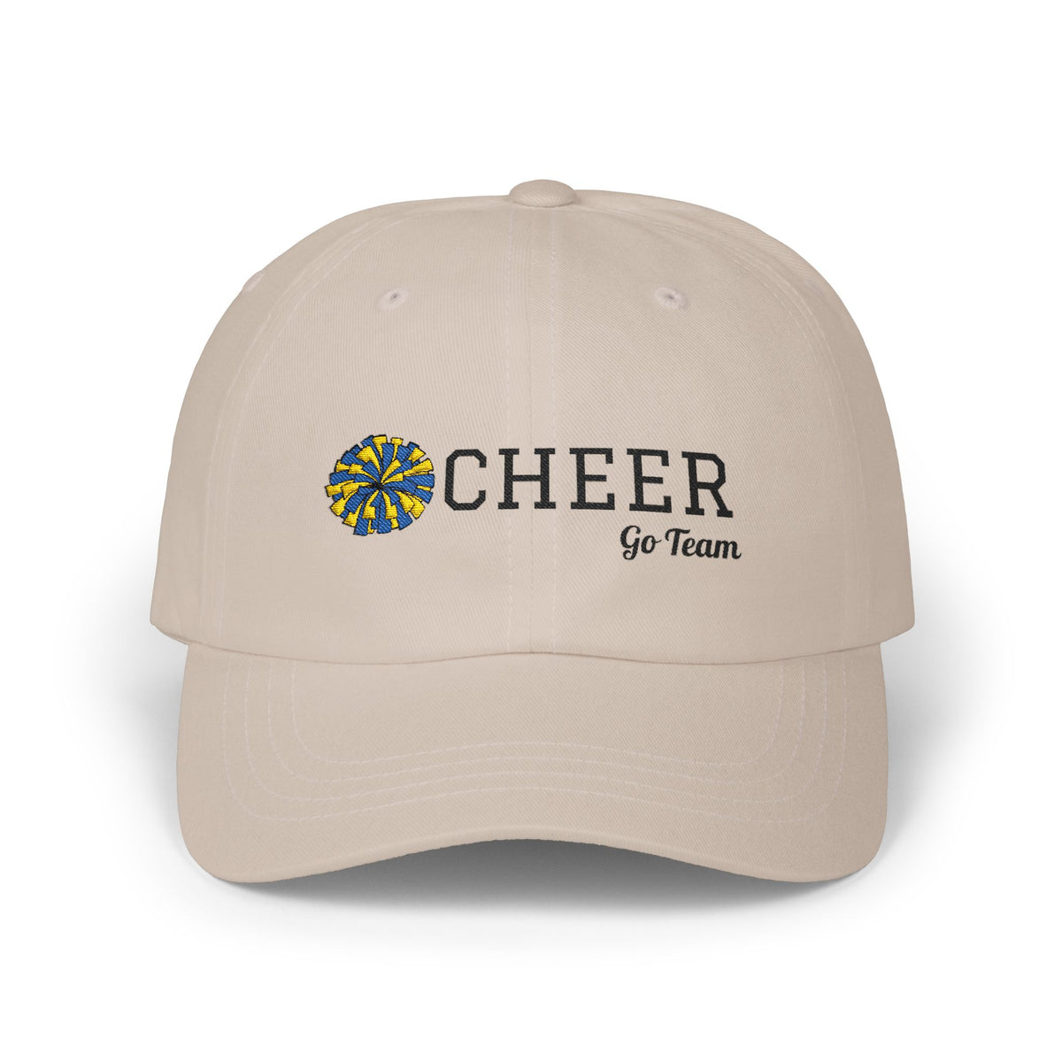 Stone embroidered classic dad cap hat with a Cheer text and graphic Front view